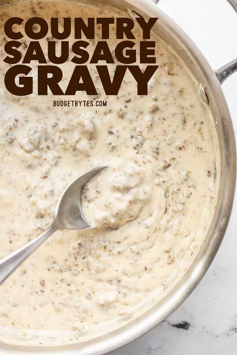 Make this easy Country Sausage Gravy from scratch in under 20 minutes for a hearty southern style breakfast at home. BudgetBytes.com Gravy Biscuit Casserole, Best Sausage Gravy Recipe, Country Sausage Gravy, Country Sausage, Best Biscuits And Gravy, Egg Gravy, Homemade Gravy Recipe, Gravy From Scratch, Biscuit Casserole