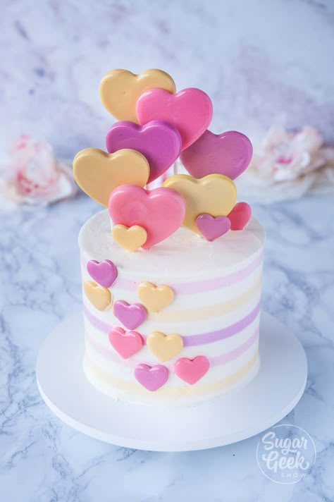 Kue Fondant, Pink Velvet Cakes, Heart Birthday Cake, Lollipop Cake, Heart Lollipop, Striped Cake, Valentines Baking, Mini Torte, Heart Cakes