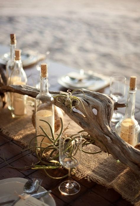 Ten Tables: Beach {Part 2} | SouthBound Bride Driftwood Wedding, Driftwood Centerpiece, Beach Wedding Tables, Beach Wedding Centerpieces, Rustic Wedding Decorations, Beach Table, Wedding Color Trends, Tafel Decor, Beach Wedding Decorations