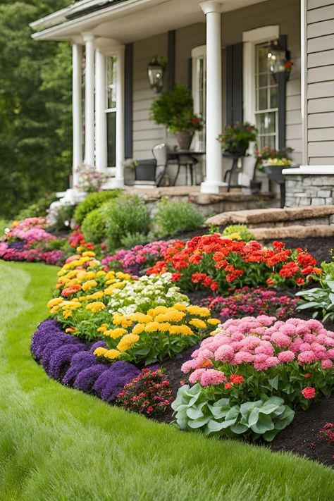 Front yard landscaping plans featuring flower beds, shrubs, and large rocks for enhanced curb appeal Rain Garden Landscape, Beautiful Flower Beds, Front Yard Flower Bed, Small Front Yards, Front Of House Ideas, Front Flower Beds, Hotel Flowers, Flower Bed Designs, Flower Bed Ideas