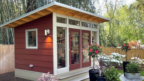 Costco's Studio Shed Includes All The Essentials For A Backyard Getaway - House Digest Tiny Guest House Shed, Side Yard Shed, Office Shed Ideas, Tuff Sheds, Studio Sheds, Guest House Shed, Shed Carport, Home Office Shed, Backyard Office Shed