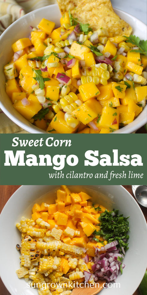 Mango Corn Salsa is a summertime essential! Perfect as a fresh appetizer or healthy snack dipped with tortilla chips, or a delicious topper for chicken rice bowls or fish tacos! With just a few ingredients and a quick 20 minutes, grilled summer sweet corn, fresh cilantro and lime juice bring out mangos at their best! Corn And Mango Salsa, Corn Mango Salsa, Mango Corn Salsa, Mango Tacos, Fresh Appetizers, Summer Salsa, Mango Chicken, Chicken Rice Bowls, Corn Salsa