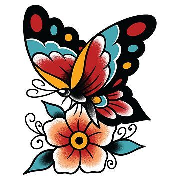 "Butterfly Traditional Tattoo " Art Print for Sale by SevenRelics | Redbubble Trad Tattoo Cover Up, Traditional Butterfly And Flower Tattoo, American Traditional Butterfly Flash, Neotraditional Tattoo Butterfly, 90s Butterfly Tattoo, Traditional Tattoo Art Butterfly, Butterfly American Traditional Tattoo, Butterfly Tattoo Neo Traditional, Traditional Butterfly Tattoo Design