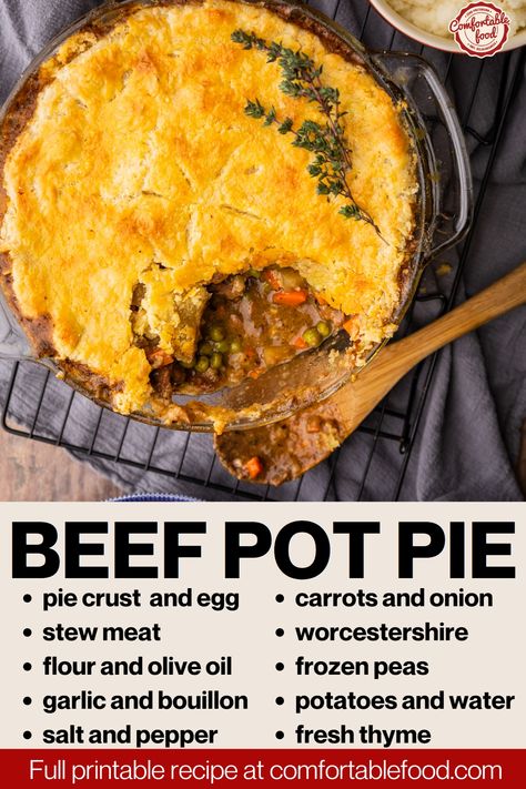 This homemade beef pot pie recipe is an easy, comforting meal that's perfect for cold winter evenings. With the savory flavors of beef, garlic, thyme, and vegetables in a rich beef broth and topped with a flaky pie crust - this all-in-one dish is sure to become a family favorite! Roast Beef Pot Pie, Beef Pot Pie Recipe, Pot Pie Recipe Easy, Beef Pot Pie, Beef Pot Pies, Pot Pie Filling, Pot Pie Recipe, Savory Pies, Roast Beef Recipes