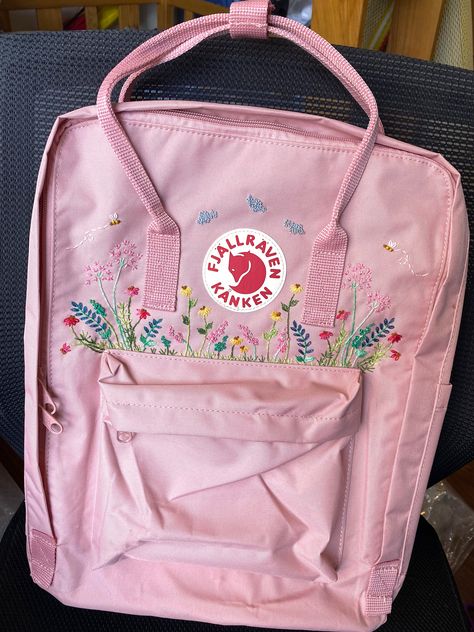 "Welcome to my store and choose the perfect hand-embroidered fjallraven kanken backpack   Version & Size + Medium size: 38x27x13cm  + Big size: 42x32x13cm  - Product price includes: hand-embroidered fjallraven kanken backpack and design as shown in the picture - I can make fjallraven kanken backpack hand embroidery patterns according to your ideas - fjallraven kanken backpack will be hand embroidered with thread that won't fade when washed - fjallraven kanken backpack has a small front compartme Mochila Fjallraven Kanken, Flower Hand Embroidery, Clothes Embroidery Diy, Embroidered Backpack, Cute Embroidery, Cute Backpacks, Hand Embroidery Patterns, Diy Embroidery, Embroidery And Stitching