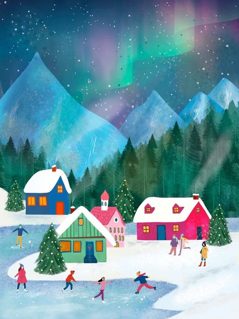 Snowy Scene Illustration, Christmas Night Illustration, Christmas Scene Illustration, Winter House Illustration, Northern Lights Canvas, Night Illustration, Winter Illustration, Hur Man Målar, Christmas Illustration