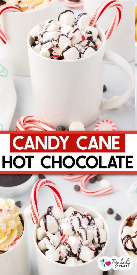 Easy homemade candy cane hot chocolate mixes the flavors of hot chocolate with peppermint candy canes for the perfect Christmas and holiday treat! Candy Cane Hot Chocolate, Easy Homemade Candy, Chocolate Fudge Bars, Candy Cane Recipe, Strawberry Santas, Hot Chocolate Recipe Homemade, Meals Kids Love, Snowman Ideas, Hot Chocolate Fudge