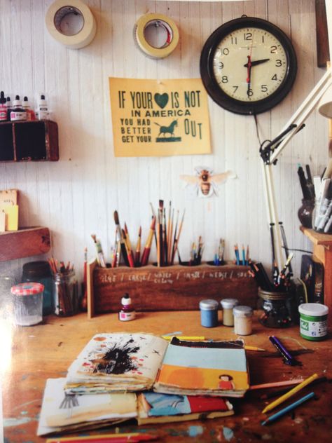 I think I like this workspace best. White, honey, and a few items that make me smile. Plus the B & W inspiration. Workspace Studio, Oliver Jeffers, Art Studio Space, Workshop Studio, Artistic Space, Making Space, Creative Workspace, Dream Studio, Studio Room