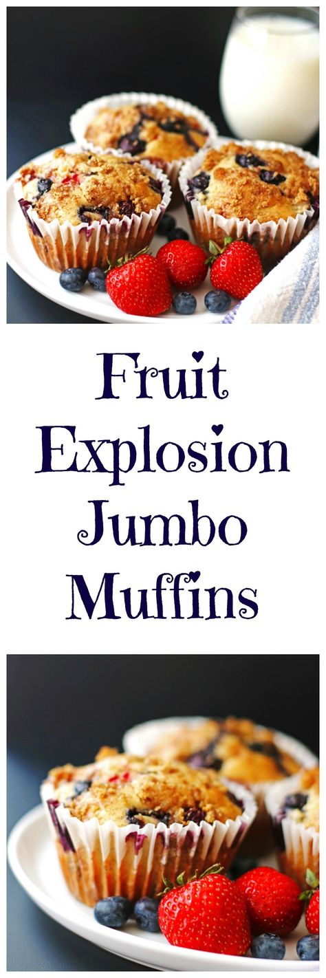 Fruit Explosion Muffins - Mixed Berry Muffins - Tried and True Recipes Fruit Explosion Muffins, Jumbo Muffin Recipes, Daycare Recipes, Fruit Explosion, Berry Muffin Recipe, Mixed Berry Muffins, Fluffy Muffins, Strawberry Muffin Recipes, Blueberries And Strawberries