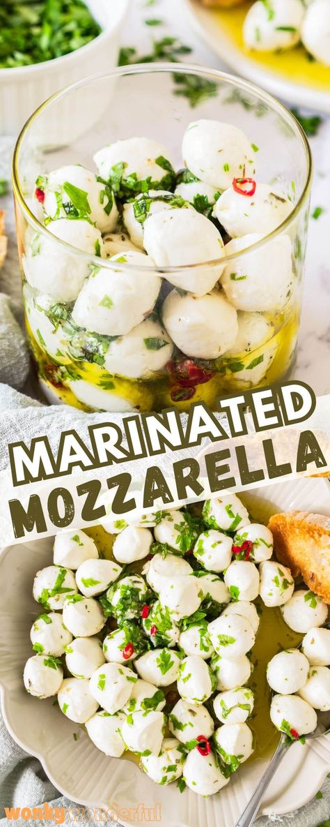 These MARINATED MOZZARELLA BALLS are a simple appetizer and great for charcuterie boards. Mozzarella balls in olive oil with garlic, basil, parsley and oregano. Marinated Mozzarella Balls, Vegetarian Appetizers Easy, Marinated Mozzarella, Dip Recipes Appetizers, Breakfast Sides Dishes, Simple Appetizer, Mozzarella Balls, Easy Appetizers, Savory Appetizer