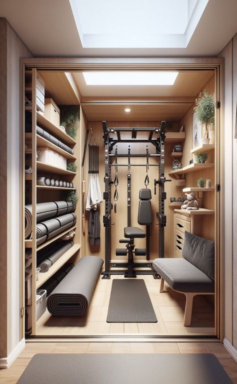 Discover effective mini gym at home ideas to create your ideal workout space with compact equipment and smart solutions. Gym In A Closet, Exercise Rooms, Home Gym Layout, Mini Gym At Home Ideas, Commercial Gym Design, Gym Designs, Mini Home Gym, Garage Gym Ideas, Garden Gym