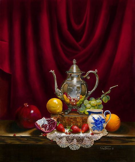 Teapot Painting, Tutorial Acrylic Painting, Red Art Painting, Drapery Drawing, Fruits Painting, Colorful Landscape Paintings, Violin Art, Illusion Drawings, Rennaissance Art