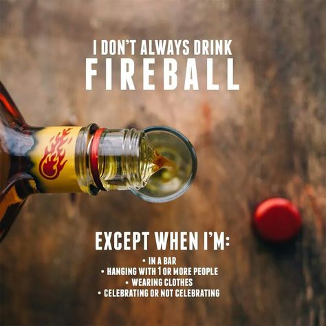 Always drink Fireball. Fireball Quotes, Fireball Mixed Drinks, Whiskey Quotes, Fireball Whiskey, Funny Birthday Meme, Whiskey Girl, Alcohol Humor, Cool Chest Tattoos, Wine Mom