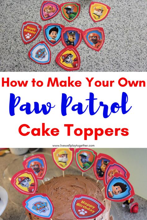 How to Make Your Own Paw Patrol Cupcake Toppers. Easy to follow tutorial to turn any cupcakes or cake into a puptastic treat! Diy Paw Patrol Cake Topper, Free Paw Patrol Printables, Paw Patrol Printables Free, Paw Patrol Cups, Paw Patrol Treats, Paw Patrol Party Food, Cake Types, Paw Patrol Torte, Diy Paw Patrol