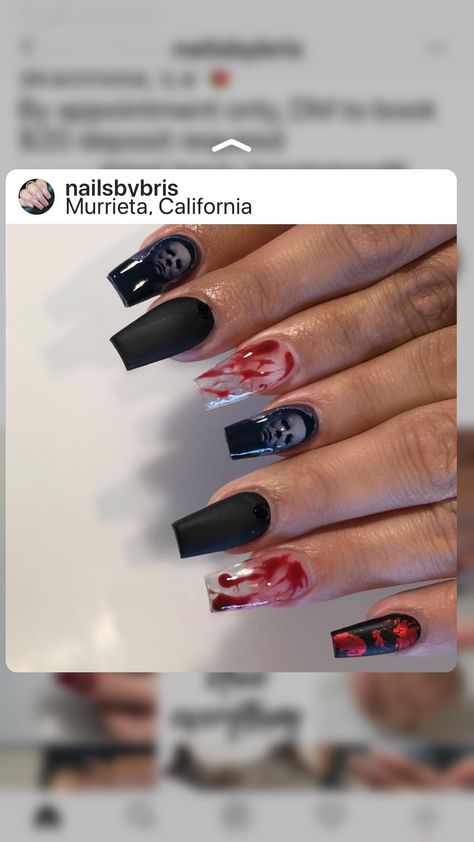 Michael Myers Acrylic Nails, Micheal Myers’s Nails, Mike Myers Nails, Michael Myers’s Nails, Michael Myers Nails Halloween, Micheal Myers Nail, Micheal Myers Nail Designs, Horror Movie Nails Halloween, Halloween Nails Michael Myers