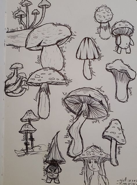 Small Mushrooms Drawing, Flat Top Mushroom Drawing, Mushroom People Sketch, Mushroom Gills Drawing, Mashrom Art, Mushroom Sketchbook Page, Mushroom City Drawing, Mushroom World Drawing, Mashrom Drawing Ideas