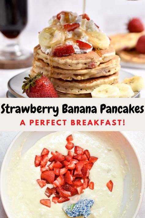 Full of fresh strawberries and ripe bananas, these Strawberry Banana Pancakes are a must make to change up your breakfast pancake routine! These fluffy pancakes will quickly become your new favorite recipe! Strawberry Pancakes Recipe, Strawberry Banana Pancakes, Banana Oatmeal Bars, Family Friendly Breakfast, Yummy Pancake Recipe, Dairy Free Pancakes, Fresh Strawberry Recipes, Banana Waffles, Strawberry Pancakes