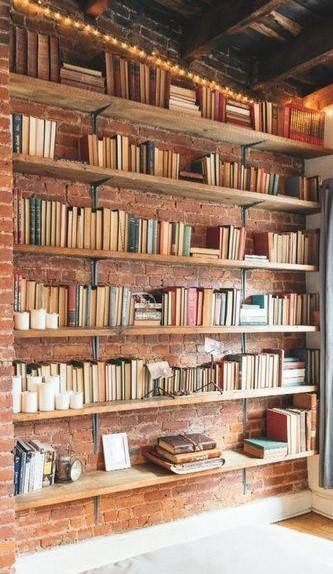 Manhattan Loft, Look Wallpaper, Dog House Diy, Home Library Design, Bookshelves Diy, Home Libraries, Library Design, Home Library, Exposed Brick