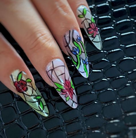 Stained glass inspired nail art on short stilettos Stained Glass Window Nails, Pearl Chrome, Nails Inspired, Inspired Nails, Stained Glass Window, Different Colours, Stained Glass Windows, Nails Nails, Glass Window