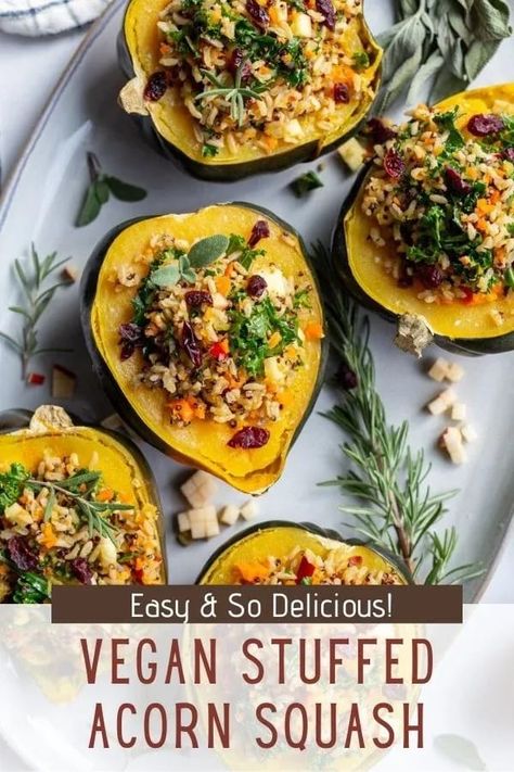 This Vegan Stuffed Acorn Squash recipe is so simple to make and such a delicious holiday main dish or even hearty side dish! It’s versatile and easily adjustable to fit multiple different tastes. To keep it all SUPER simple, I used a pre-made brown rice and quinoa mixture that takes just 3 minutes to microwave but stills tastes absolutely delicious! I HIGHLY recommend going this route if you’re making this recipe as part of a big feast. Stuffed Acorn Squash Vegetarian, Sausage Stuffed Acorn Squash, Healthy Quinoa Recipes, Vegetarian Thanksgiving Recipes, Stuffed Acorn Squash, Acorn Squash Recipes, Healthy Quinoa, Vegetarian Thanksgiving, Vegetarian Sides