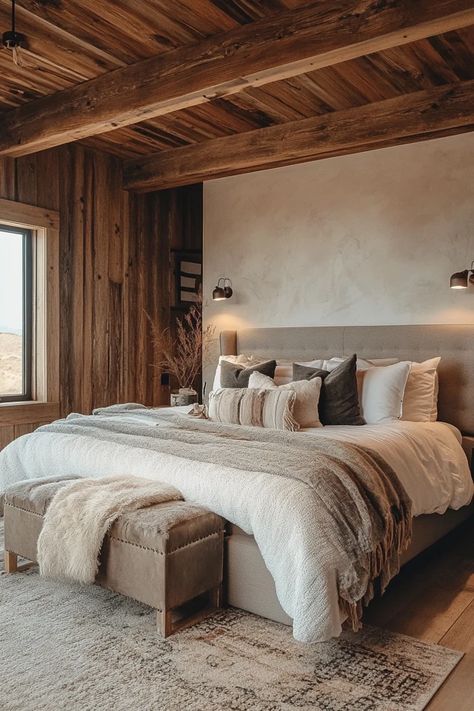 "Transform your sleep space with a Modern Rustic Bedroom! 🛏️✨ Ideal for adding warmth, character, and a touch of nature. 🌿✨ #ModernRustic #BedroomInspo #HomeStyling" Old House With Modern Interior, Montana Bedroom Ideas, Cabin Rooms Bedrooms, Mountain Home Bedroom Ideas, Cabin Master Bedrooms Cozy, Log Cabin Bedrooms Master Suite, Barn House Bedroom, Rustic Interior Design Bedroom, Mountain Modern Bedroom