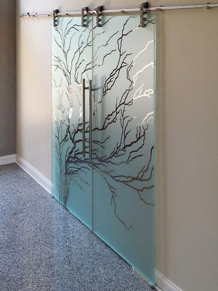 Barn Door With Glass, Sliding Glass Barn Doors, Etched Glass Door, Glass Door Design, Glass Sliding Door, Door Dividers, Glass Room Divider, Sliding Door Design, Glass Barn Doors