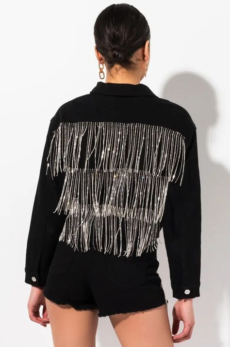 Cowboy Jacket, Rhinestone Fringe, Long Sleeve Denim Jacket, Trendy Blouses, Trendy Blouse Designs, Long Sleeve Jacket, Black Denim Jacket, Abaya Fashion, Sleeve Jacket