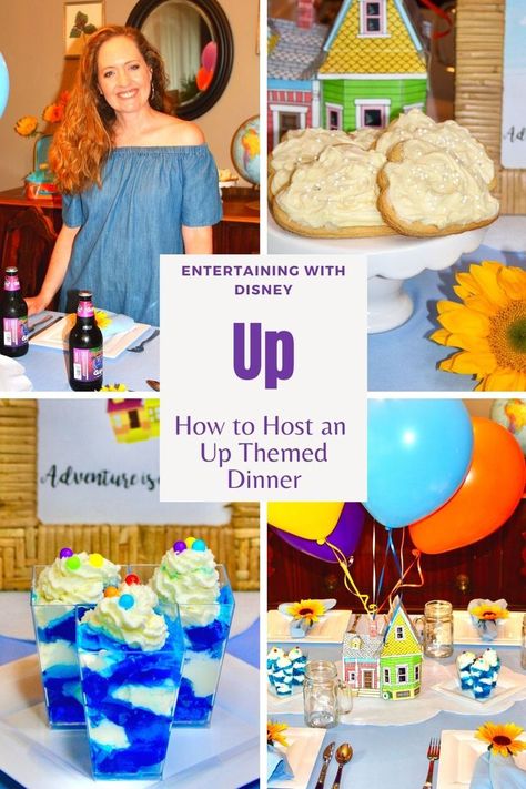 Adventure awaits! Create a memorable UP Disney dinner or family movie night with our tablescape & decor ideas, full menu, all the recipes, and fun activities the whole family will enjoy! Up Dinner And A Movie, Up Themed Dinner, Wreck It Ralph Movie Night, Up Disney Pixar, Disney Dessert Recipes, Themed Dinners Ideas, Family Movie Night Snacks, Kids Dinners, Disney Movie Night Menu