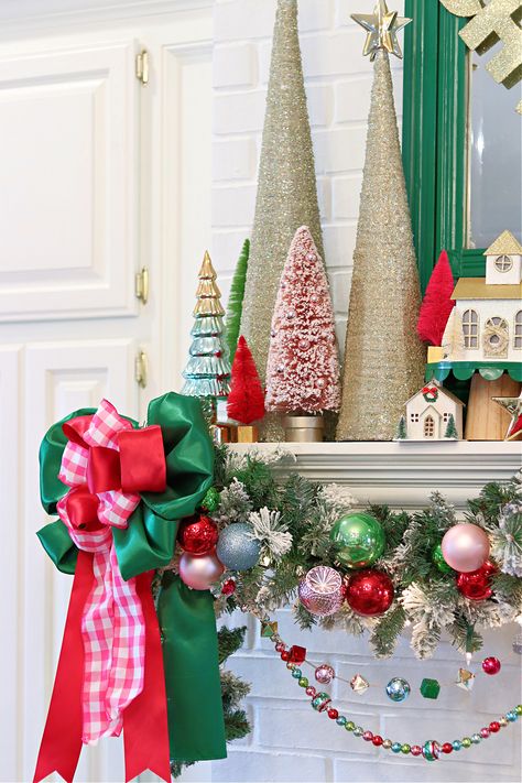 2023 CHRISTMAS HOME TOUR || CHRISTMAS TREE AND LIVING ROOM | Dimples and Tangles Pink Blue Red Christmas Tree, Pink Red Green Christmas Decor, Christmas Mantels Decorations, Colorful Christmas Mantle, Christmas Decor Ideas Boho, Vintage Colorful Christmas, Pink And Red Christmas Decor, Preppy Christmas Tree, Christmas Living Room Decorations