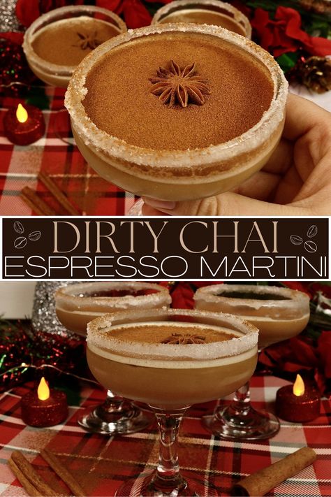 Elevate your cocktail game with the tantalizing flavours of a Dirty Chai Espresso Martini! 🍸☕ Shake up this yummy cocktail with this easy-to-follow recipe. Cheers to a perfect coffee and festive drinks!✨ #MixologyMagic #CocktailHour #Chai #holidaycocktail #festivedrink #dirtychai #espressomartini Dirty Chai Martini, Chai Martini Drink Recipes, Chai Martini, Chai Espresso Martini, Chai Syrup, Festive Holiday Cocktails, Espresso Martini Recipe, Martinis Drinks, Vanilla Vodka