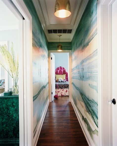 How to decorate a long, narrow hallway. Add pattern with wallpaper or stencils! When your walls are this gorgeous, who needs art? Hallway Apartment, How To Decorate A Hallway, Decorating A Narrow Hallway, Long Narrow Hallway, Wallpaper Hallway, Hallway Walls, Hallway Wallpaper, Narrow Hallway Ideas, Hallway Design