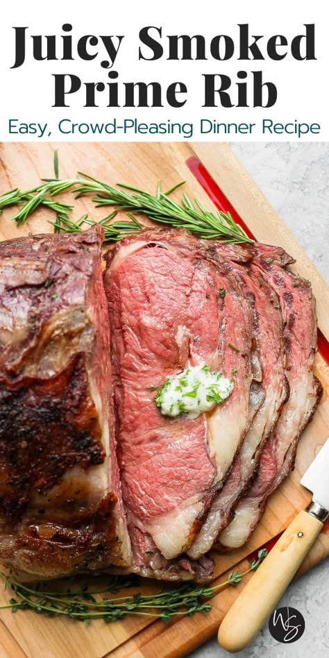 Smoked Prime Rib - an easy recipe for making the most juicy and tender prime rib on the smoker that you have ever had! Perfect for enjoying with your family and friends at your next holiday meal. This juicy and tender Smoked Prime Rib recipe is definitely a stunner! We will take you through everything you need to know for making a perfectly smoked prime rib roast, every time. A great option for serving at your next special occasion! This recipe is Whole30 and Paleo. Smoked Boneless Prime Rib, Prime Rib Roast Recipe Traeger, Prime Rib Brine, Smoked Rib Roast Recipe Bone In, Prime Rib Smoked How To Cook, Prime Rib On Traeger Grill, Prime Rib Bbq, Smoked Rib Roast, Bone In Prime Rib Roast