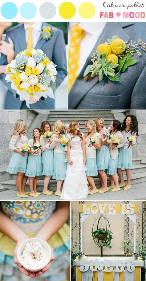 Blue & Yellow Wedding  ... Wedding ideas for brides & bridesmaids, grooms & groomsmen, parents & planners ... https://itunes.apple.com/us/app/the-gold-wedding-planner/id498112599?ls=1=8 … plus how to organise an entire wedding, without overspending ♥ The Gold Wedding Planner iPhone App ♥ Blue Yellow Weddings, Yellow Wedding Colors, Yellow Wedding Theme, Best Wedding Colors, Wedding Color Combos, Spring Wedding Colors, Blue Themed Wedding, Wedding Colors Blue, Wedding Palette