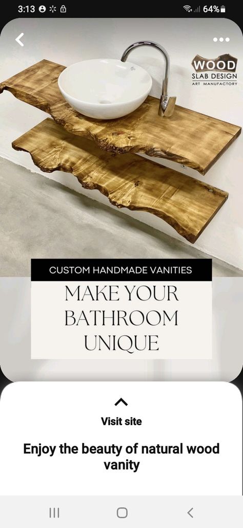 Live Edge Sink, Bathroom Vanity Shelves, Treehouse Bathroom, Live Edge Bathroom Vanity, Live Edge Bathroom, Natural Wood Vanity, Natural Wood Bathroom, Outhouse Ideas, Natural Wood Bathroom Vanity