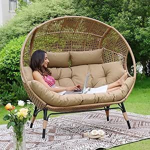 NICESOUL® Double Egg Chair Indoor Outdoor Stationary Oversized Thicken Padded Cushions,2 Person Egg Loveseat Chair,680 lbs Extra Large Lounge Chair for Patio Balcony Porch Backyard Brown Hanging Loveseat, Egg Chair Indoor, Large Lounge Chair, Oversized Loveseat, Large Lounge, Wicker Patio Chairs, Wicker Lounge Chair, Patio Ottoman, Boho Chair