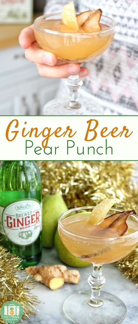 Enjoy this Ginger Beer Pear Punch as a mocktail or cocktail at your next party! #ad #cocktail #ginger #mocktail #drink #pears Pear Punch, Ginger Mocktail, Pear Drinks, Lychee Cocktail, Mocktail Drink, Mojito Recipe Classic, Ginger Beer Cocktail, Sparkling Grape Juice, Pear Vodka