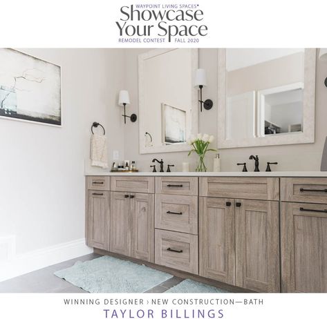 Taylor Billings from WS Design in Toledo, Ohio is our winner in the new Showcase Your Space contest category, Best New Construction Bath. It was love at first sight for Taylor. She used DT24 Duraform Drift cabinets to make this homeownerâs vision a reality. Learn more in todayâs blog! @wsdesignkitchenbathstudio #waypointlivingspaces #kitchencabinets #bathroomcabinets #bathroomremodel #bathroomdesign #bathroominspiration #bathroomrenovation #bathroomstyle #showcaseyourspace Wood Bathroom Cabinets, New House Bathroom, Transitional Bathroom, Modern Farmhouse Bathroom, Master Bath Ideas, Bathroom Remodel Designs, Master Bath Remodel, Boys Bathroom, Bathroom Inspiration Decor