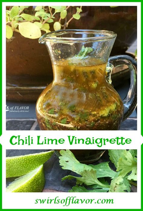 This homemade Chili Lime Vinaigrette will have your taste buds dancing as the fresh tangy flavor of lime combines with a hint of chili spice! A homemade salad dressing that will add flavor and brightness to salads, pasta salads and even when drizzled over chicken, seafood or steak. #chililime #limevinaigrette #citrusvinaigrette #homemadesaladdressing #easyrecipe #swirlsofflavor Chili Lime Vinaigrette Recipe, Coriander Salad, Chili Lime Vinaigrette, Chili Spice, Chili Lime Dressing, Cilantro Lime Vinaigrette, Cilantro Salad, Vinaigrette Dressing Recipe, Salad Dressing Recipes Healthy