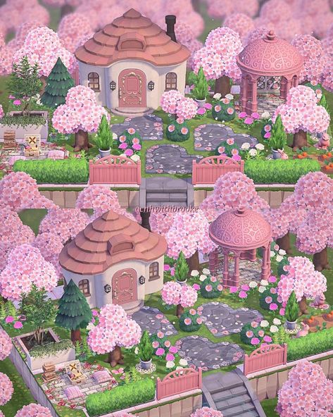 Acnh Cute House Exterior, Acnh Fairycore Home Exterior, Animal Crossing Sakura Island, Fairy Core Acnh Island, Animal Crossing Pink House Exterior, Fuchsia Animal Crossing, Animal Crossing Pink Interior, Acnh Villager Yard Ideas Fairycore, Pink House Animal Crossing