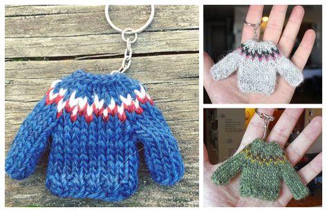 Knit+Mini+Sweater+Keychain+Free+Knitting+Pattern Free Knit Patterns, Knit Christmas Ornaments, Christmas Knitting Patterns Free, Miniature Knitting, Baby Doll Clothes Patterns, Icelandic Sweaters, Jumper Patterns, Mini Sweater, Yarn Sweater