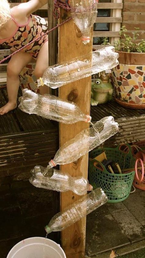 Plastic Bottle Waterfall | Fun Garden Ideas That Will Make Your Kids Love Outdoors Outdoor Playscapes, Empty Plastic Bottles, Summer Fun For Kids, Water Wall, Kids Outdoor Play, Natural Playground, Diy Water, Outdoor Classroom, Backyard Playground