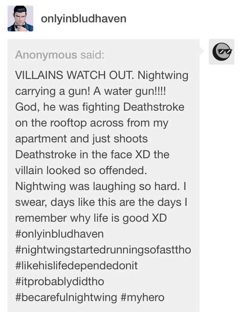 #onlyingotham (well, #onlyinbludhaven) Onlyingotham Tumblr, Nightwing Headcanon, Batfamily Funny, Superhero Memes, Univers Dc, Batman Funny, Batman Robin, Im Batman, Batman Universe