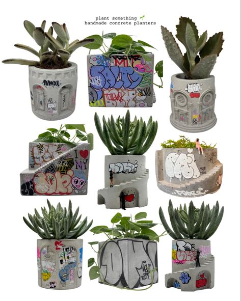 One of a kind graffiti art concrete planters Handmade Interior Decorating Ideas, Desk Decor Plants, Graffiti Plant Pot, Graffiti House Decor, House Decor Unique, Graffiti Home Decor, Graffiti Pottery, Graffiti Planter, Etsy Home Decor