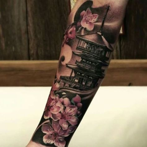 Japanese pavillion surrounded by Japanese cherry blossoms by @yz_asencio_art in Sydney, Australia | www.otziapp.com Japanese Temple Tattoo, Full Arm Sleeve Tattoo, Tattoos Masculinas, Classy Tattoos For Women, Guerriero Samurai, Mangas Tattoo, Temple Tattoo, Tattoo Japanese, Irezumi Tattoos