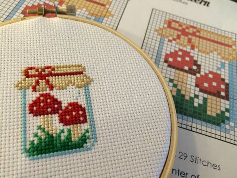 Mushroom Dyeing, Jar Cross Stitch, Mushroom Cross Stitch, Mushroom Jar, Chicken Cross Stitch, Stitch Witchery, Little Mushroom, Cross Stitch Letters, Small Cross Stitch