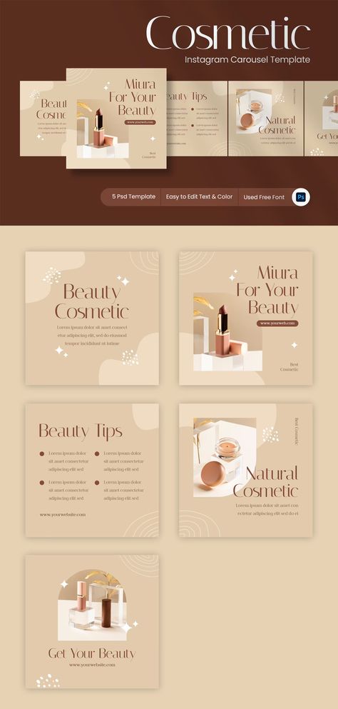 Cosmetic Instagram Carousel Post Template PSD Skincare Carousel, Instagram Carousel Design Ideas, Carousel Post Template, Carousel Post Design, Instagram Carousel Post, Salon Promotions, Carousel Design, Instagram Edits, Carousel Post