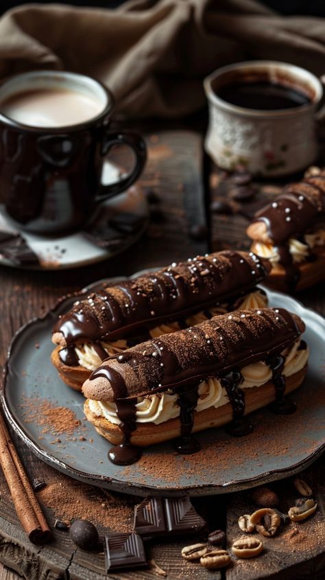 Food Aesthetically Dark, Decorated Eclairs, Fall Eclairs, Eclair Aesthetic, Desserts For Coffee, Have A Nice Afternoon, Eclair Dessert, Coffee Desserts, Fine Dining Desserts