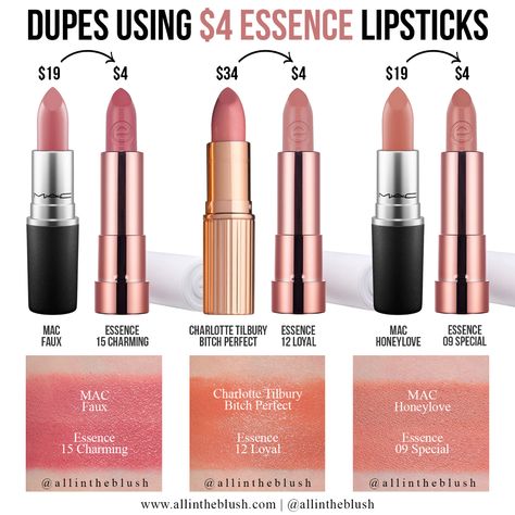 $4 Essence Dupes for MAC & Charlotte Tilbury Lipsticks - All In The Blush Mac Faux Lipstick, Maquillage Yeux Cut Crease, Charlotte Tilbury Lipstick, Mom Beauty, Best Drugstore Makeup, Braut Make-up, Makeup Swatches, Beauty Makeup Tips, Mac Lipstick