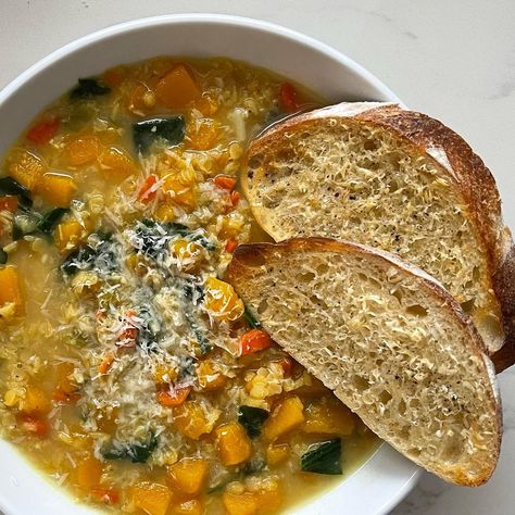 Butternut Squash, Spinach and Lentil Soup Vegetable Soup With Butternut Squash, Butternut Squash Spinach Soup, Spinach Butternut Squash, Butter Squash Recipe, Green Lentil Soup, Butternut Squash Spinach, Butternut Soup, Yellow Lentils, Dried Lentils