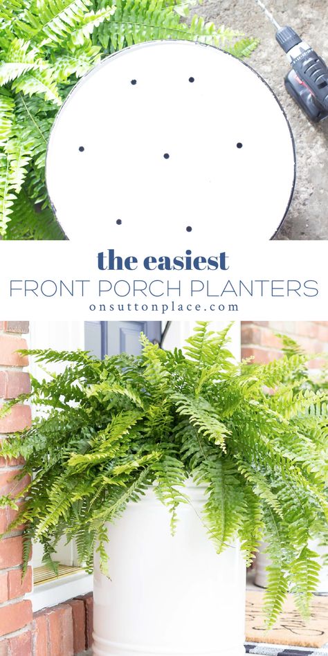 Ferns In Planters Front Porches, Faux Ferns For Front Porch, Faux Ferns On Porch, Tall Planters Front Door Diy, Front Door Planter Ideas, Outdoor Planters Front Door, Tall Planters Front Door, Fern Planters, Front Door Plants